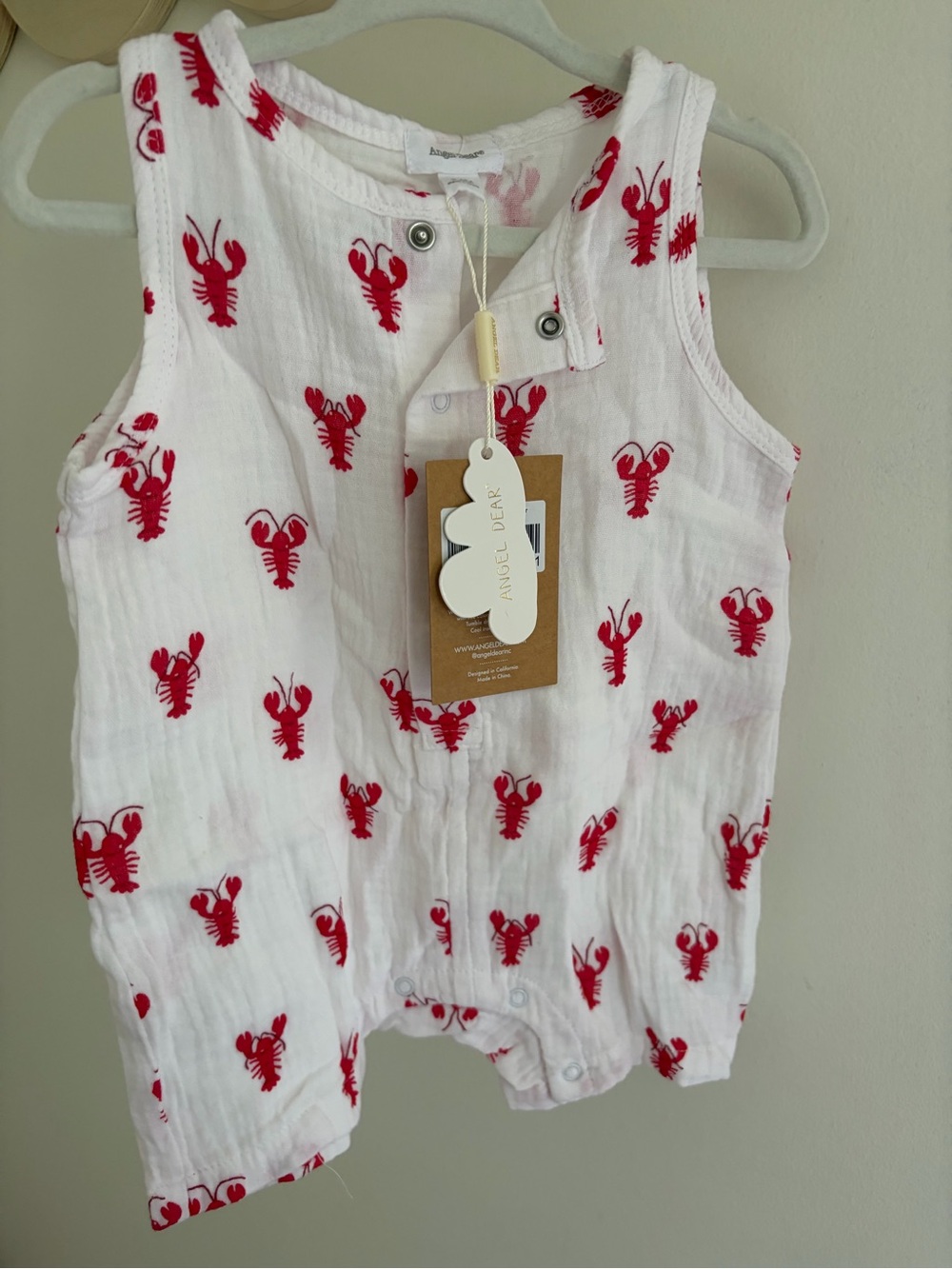 Angel Dear White Muslin Romper with Red Lobster Print